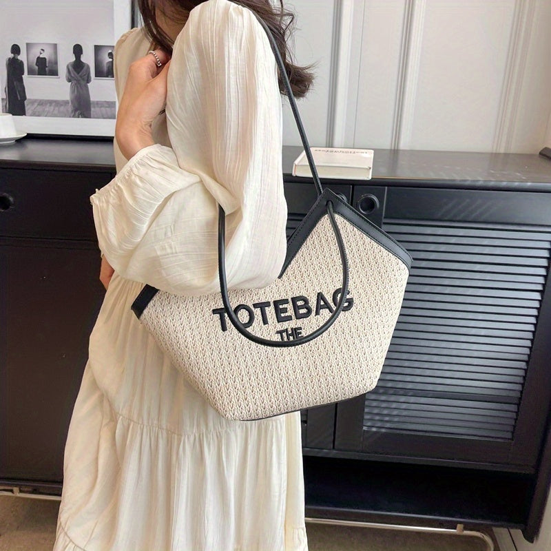 トレンド 編み込み トートバッグ レター柄 ストローショルダーバッグ ショッピング・ビーチに使える レディースバッグ