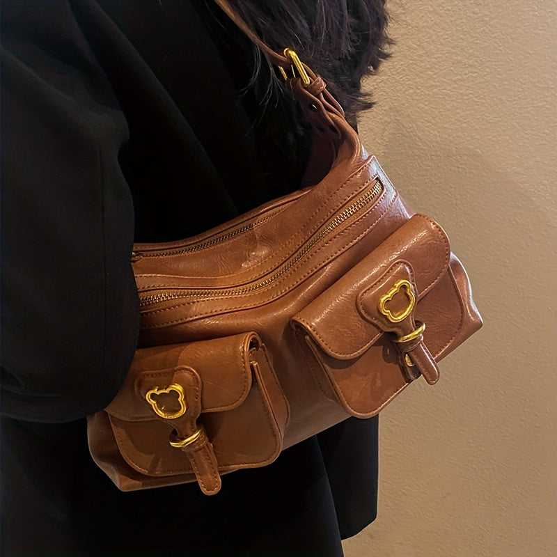 TOUTOU レトロスタイル ホーボーバッグ Y2K ポケットデザイン フロントショルダー レディース 大容量 クロスボディバッグ