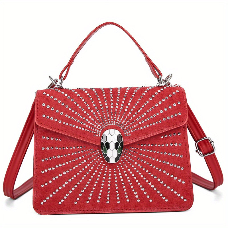 ラインストーン装飾 ハンドバッグ スネークヘッドバックル クロスボディバッグ レディース 小さめ フラップスクエア