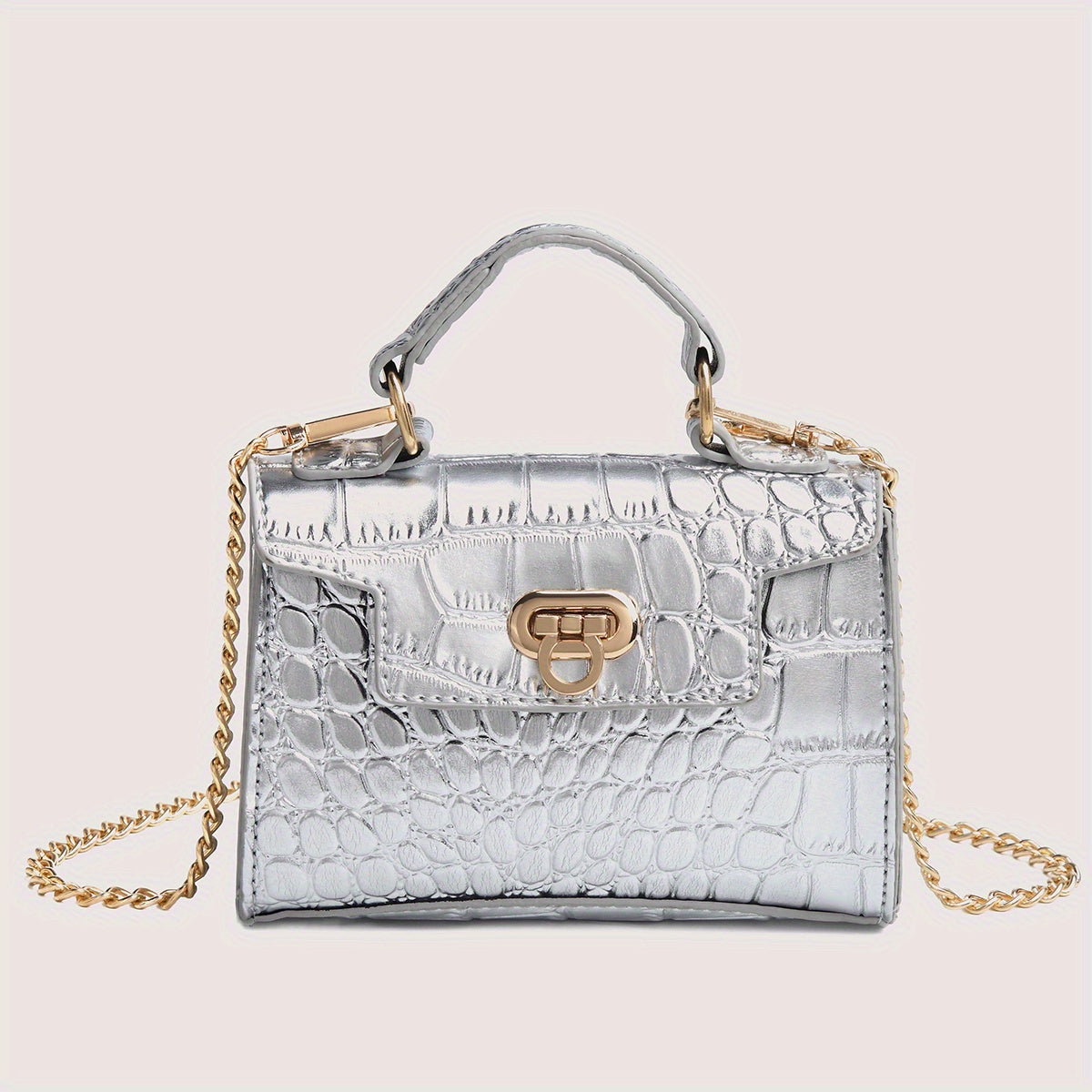 クロコ型押し ショルダーバッグ 無地 チェーンストラップ クロスボディ バックル装飾 トップハンドル レディースバッグ