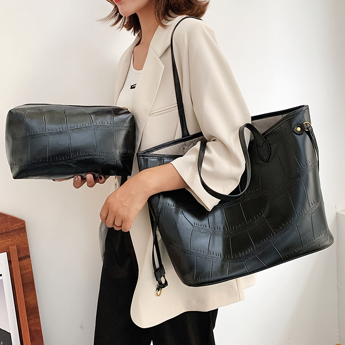 クロコ柄 トートバッグ シンプル 大容量 トレンドショルダー クラッチ付き 無地 通勤バッグ レディース