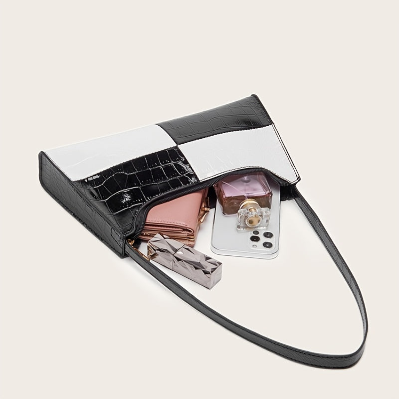 バイカラー バゲットバッグ レディース シンプルショルダーバッグ エレガント フェイクレザー ファスナーバッグ