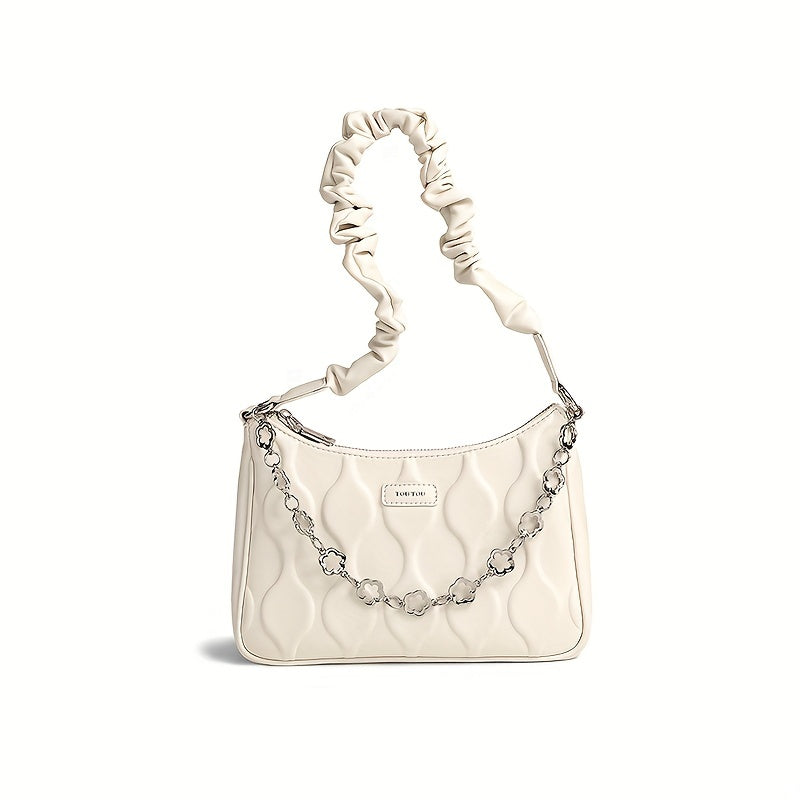 TOUTOU ウェーブ型押しショルダーバッグ チェーン装飾付き レディースハンドバッグ ギャザーストラップ 脇掛けミニバッグ