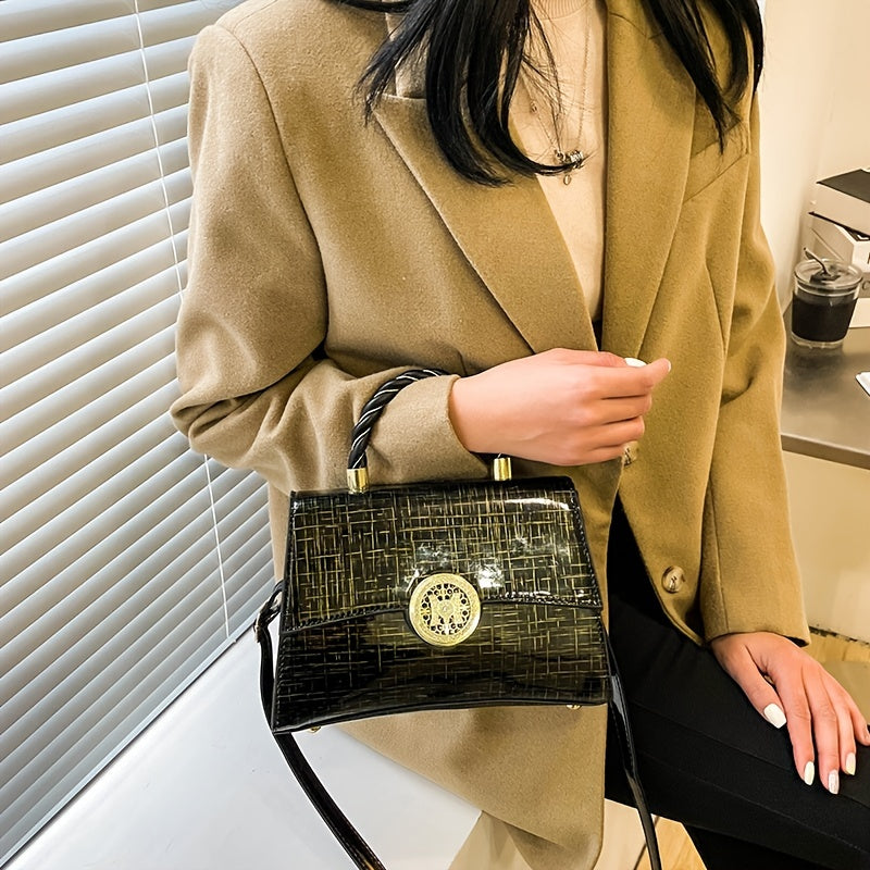 編み込みデザイン ハンドバッグ トレンド PUレザー フラップバッグ バックル装飾 レディース クロスボディ