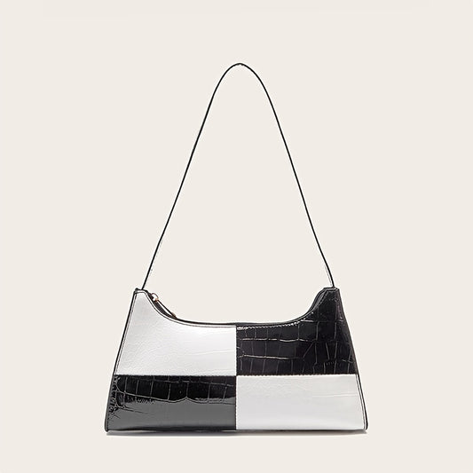 バイカラー バゲットバッグ レディース シンプルショルダーバッグ エレガント フェイクレザー ファスナーバッグ