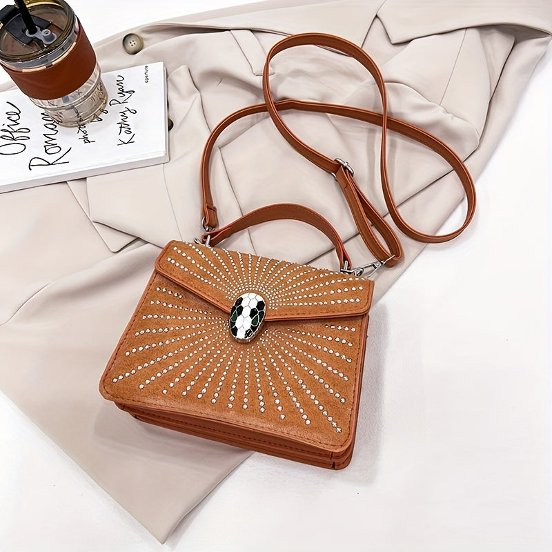 ラインストーン装飾 ハンドバッグ スネークヘッドバックル クロスボディバッグ レディース 小さめ フラップスクエア