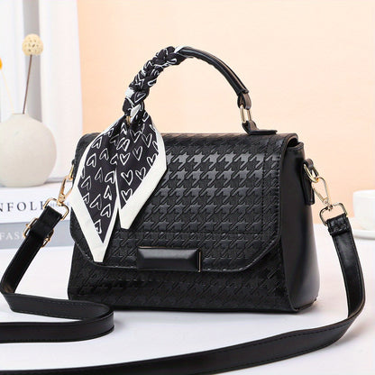 千鳥格子 メッセンジャーバッグ スカーフデザイン PUレザー クロスボディ 万能 通勤用 レディースハンドバッグ