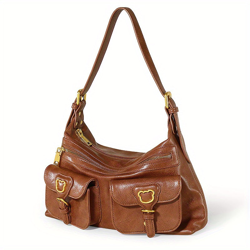 TOUTOU レトロスタイル ホーボーバッグ Y2K ポケットデザイン フロントショルダー レディース 大容量 クロスボディバッグ