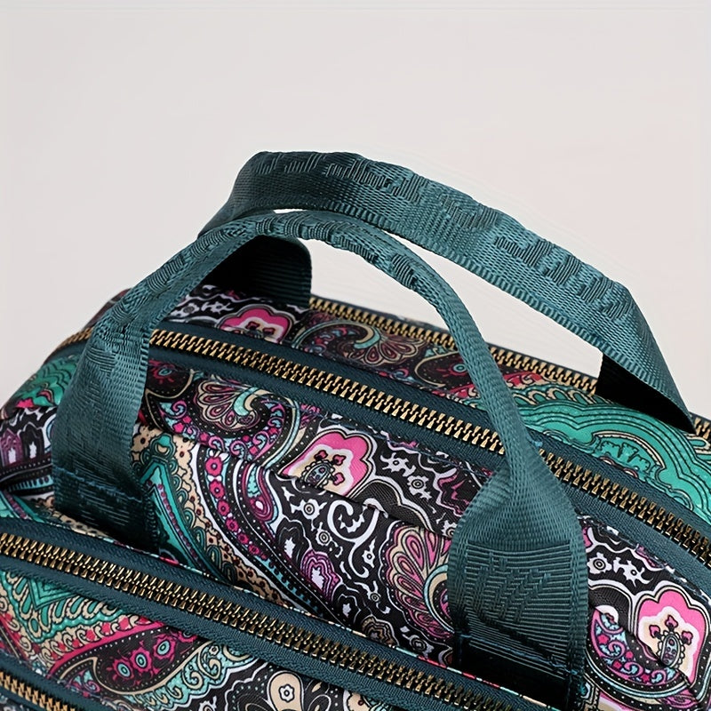 全面ヴィンテージ柄 サッチェルバッグ 軽量 ファスナー収納バッグ 通学にも使える 多用途レディースバッグ