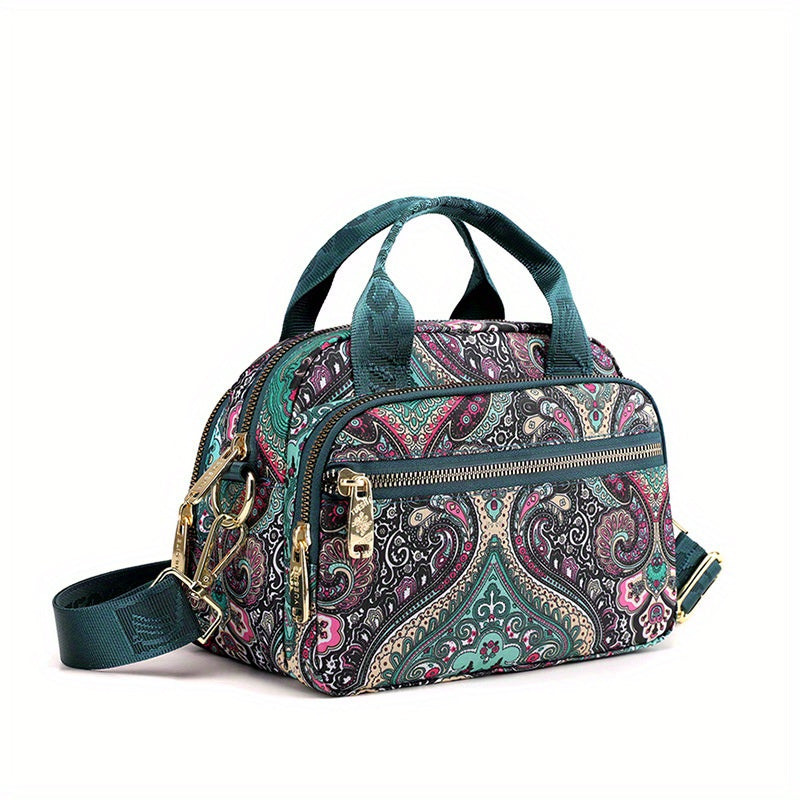 全面ヴィンテージ柄 サッチェルバッグ 軽量 ファスナー収納バッグ 通学にも使える 多用途レディースバッグ