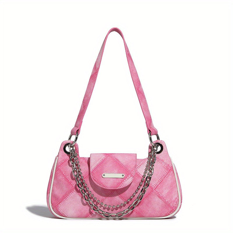 ファッション アーガイル柄ショルダーバッグ ヴィンテージ風 チェーンバゲットバッグ レディース スクエア脇掛けミニバッグ