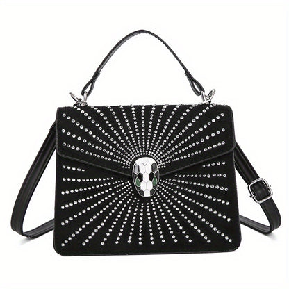 ラインストーン装飾 ハンドバッグ スネークヘッドバックル クロスボディバッグ レディース 小さめ フラップスクエア