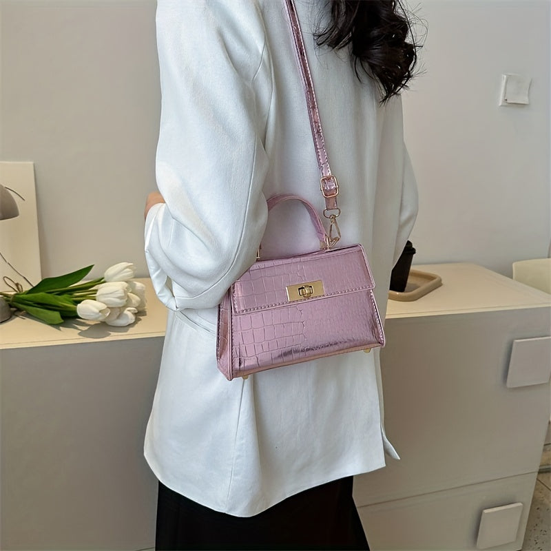 メタリック クロコ型押し ハンドバッグ ターンロック クロスボディバッグ レディース PUレザー フラップデザイン