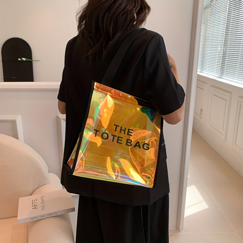 防水 クリアレーザートートバッグ トレンドPVCショルダーバッグ ホログラフィック 夏のビーチバッグ／旅行・アウトドア用