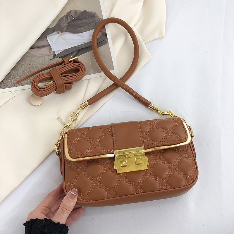 アーガイルチェーン クロスボディバッグ バックル装飾 ショルダーバッグ レディース PUレザー フラップスクエアバッグ