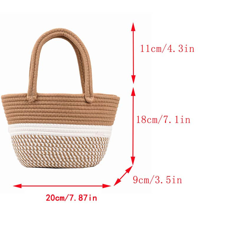 カラーブロック 編み込みハンドバッグ 小さめ ピクニックバスケット風 ホーボースタイル サマービーチバッグ