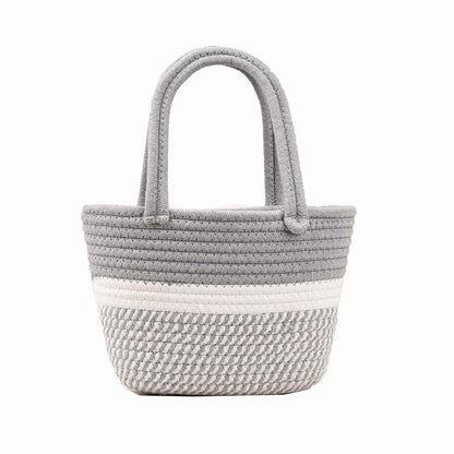 カラーブロック 編み込みハンドバッグ 小さめ ピクニックバスケット風 ホーボースタイル サマービーチバッグ