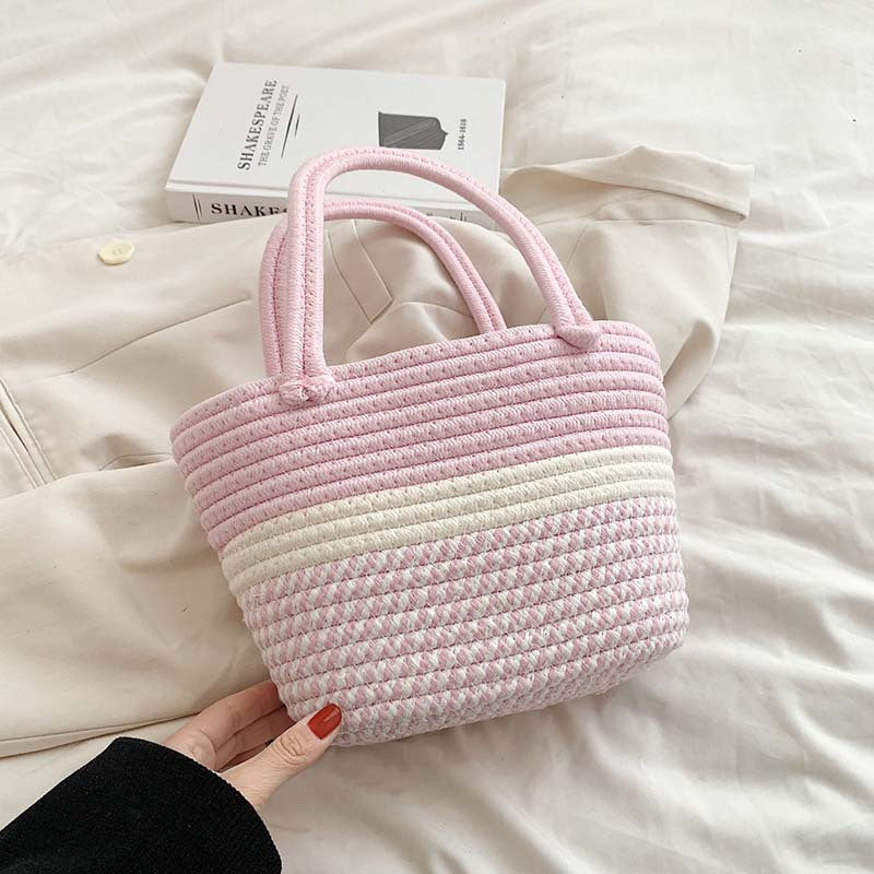 カラーブロック 編み込みハンドバッグ 小さめ ピクニックバスケット風 ホーボースタイル サマービーチバッグ