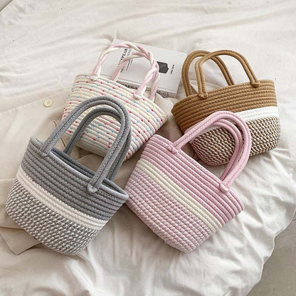 カラーブロック 編み込みハンドバッグ 小さめ ピクニックバスケット風 ホーボースタイル サマービーチバッグ