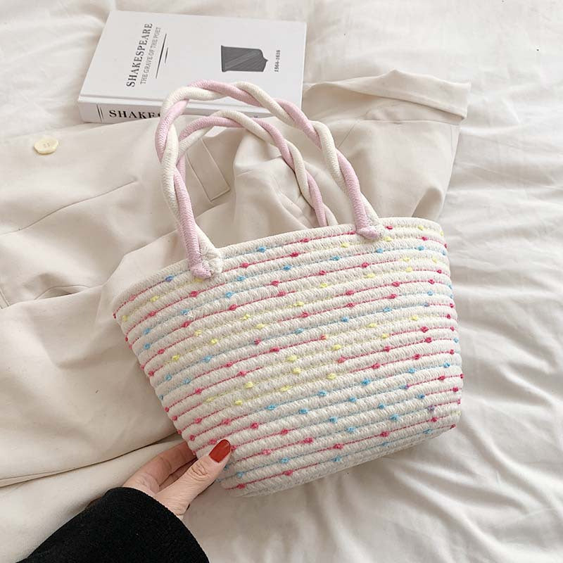 カラーブロック 編み込みハンドバッグ 小さめ ピクニックバスケット風 ホーボースタイル サマービーチバッグ
