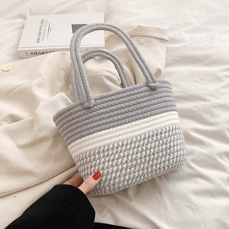 カラーブロック 編み込みハンドバッグ 小さめ ピクニックバスケット風 ホーボースタイル サマービーチバッグ