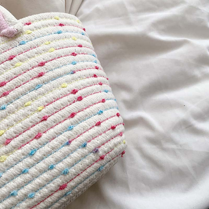 カラーブロック 編み込みハンドバッグ 小さめ ピクニックバスケット風 ホーボースタイル サマービーチバッグ