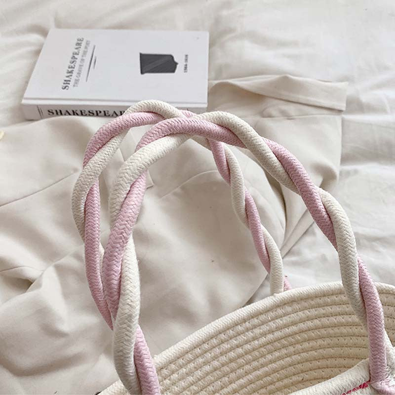 カラーブロック 編み込みハンドバッグ 小さめ ピクニックバスケット風 ホーボースタイル サマービーチバッグ