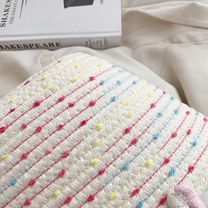 カラーブロック 編み込みハンドバッグ 小さめ ピクニックバスケット風 ホーボースタイル サマービーチバッグ