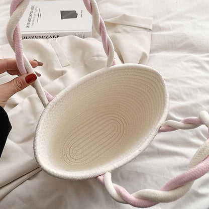 カラーブロック 編み込みハンドバッグ 小さめ ピクニックバスケット風 ホーボースタイル サマービーチバッグ