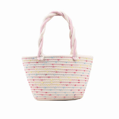 カラーブロック 編み込みハンドバッグ 小さめ ピクニックバスケット風 ホーボースタイル サマービーチバッグ