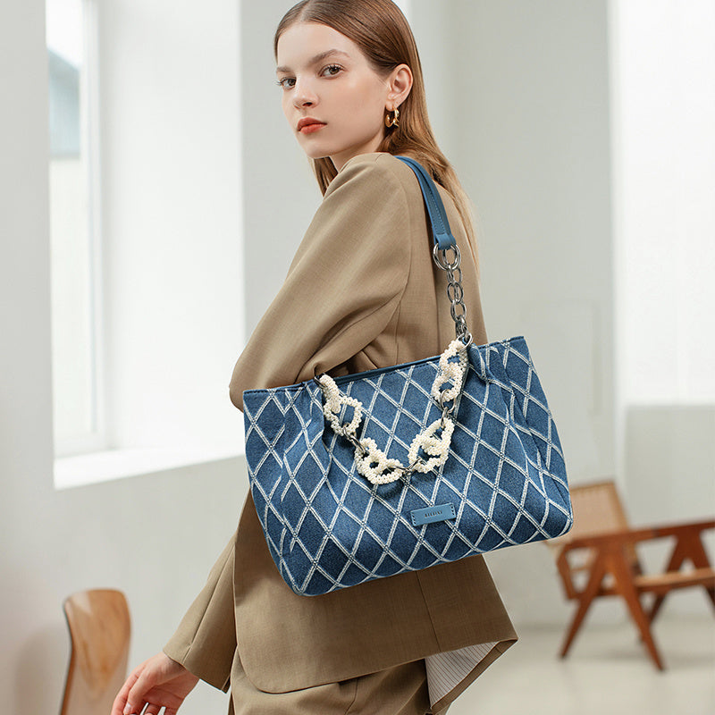 トレンド感あふれる チェック柄トートバッグ レディース ショルダーバッグ 固定ストラップ ニッチデザイン