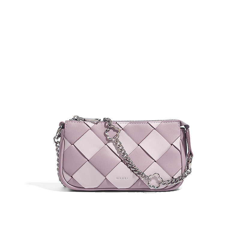 カラーブロック 編み込みショルダーバッグ ファスナー付き 脇掛けバッグ トレンド ミニマル チェーンバッグ レディース