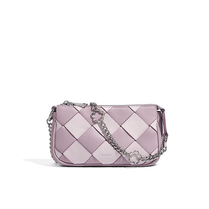 カラーブロック 編み込みショルダーバッグ ファスナー付き 脇掛けバッグ トレンド ミニマル チェーンバッグ レディース