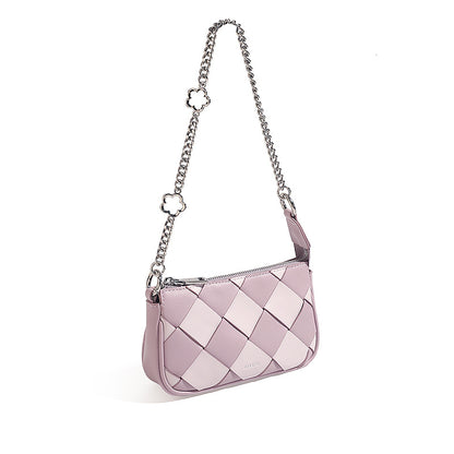 カラーブロック 編み込みショルダーバッグ ファスナー付き 脇掛けバッグ トレンド ミニマル チェーンバッグ レディース