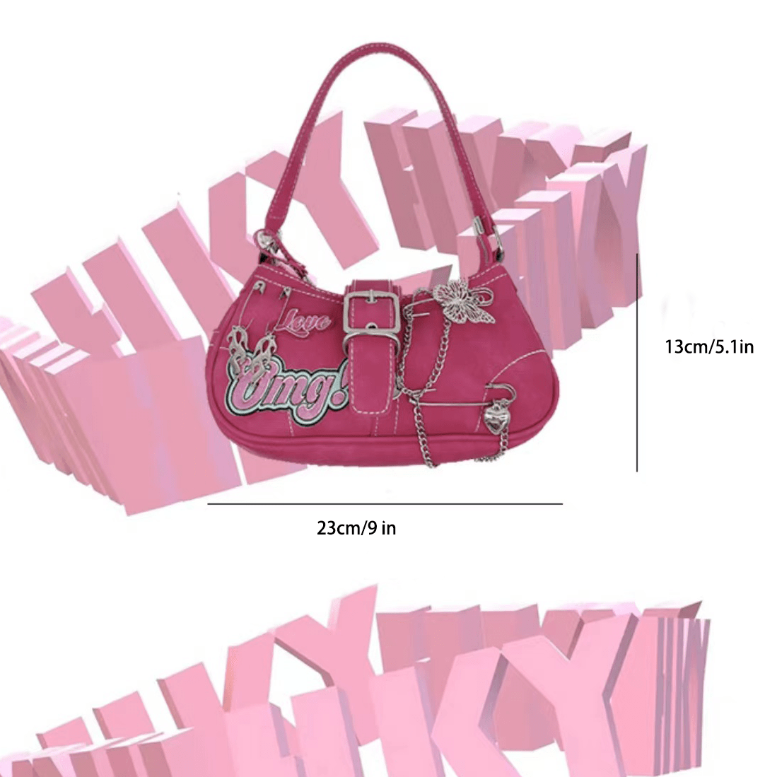 Y2K ピンク チェーンショルダーバッグ ヴィンテージ バタフライ クロスボディ パンクスタイル 脇掛けバッグ レディース／ガールズ