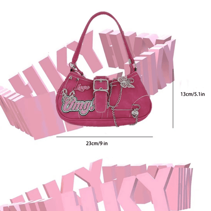 Y2K ピンク チェーンショルダーバッグ ヴィンテージ バタフライ クロスボディ パンクスタイル 脇掛けバッグ レディース／ガールズ