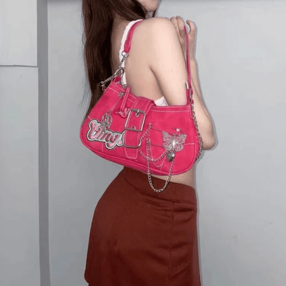 Y2K ピンク チェーンショルダーバッグ ヴィンテージ バタフライ クロスボディ パンクスタイル 脇掛けバッグ レディース／ガールズ