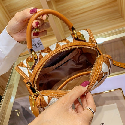 カーキ アーガイル幾何柄 カラーブロック ショルダーバッグ ファスナー付き ポータブルハンドル クロスボディ 大容量 エレガント ハンドバッグ レディース