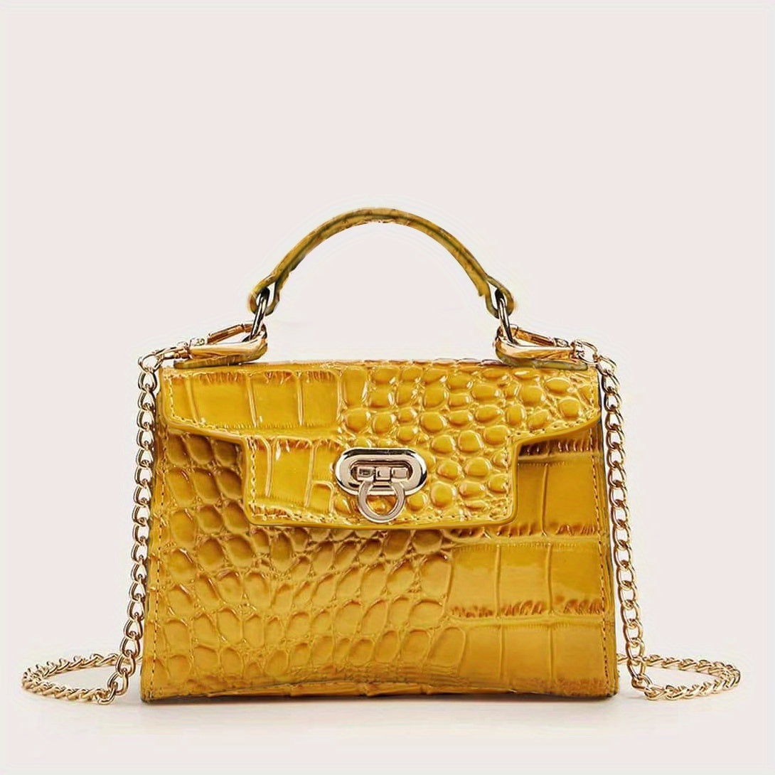 クロコ型押し ショルダーバッグ 無地 チェーンストラップ クロスボディ バックル装飾 トップハンドル レディースバッグ