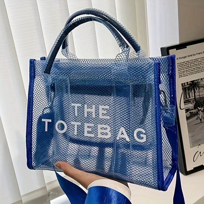 クリアトートバッグ レディース メッシュデザイン サマービーチバッグ トレンドPVC クロスボディ 旅行用