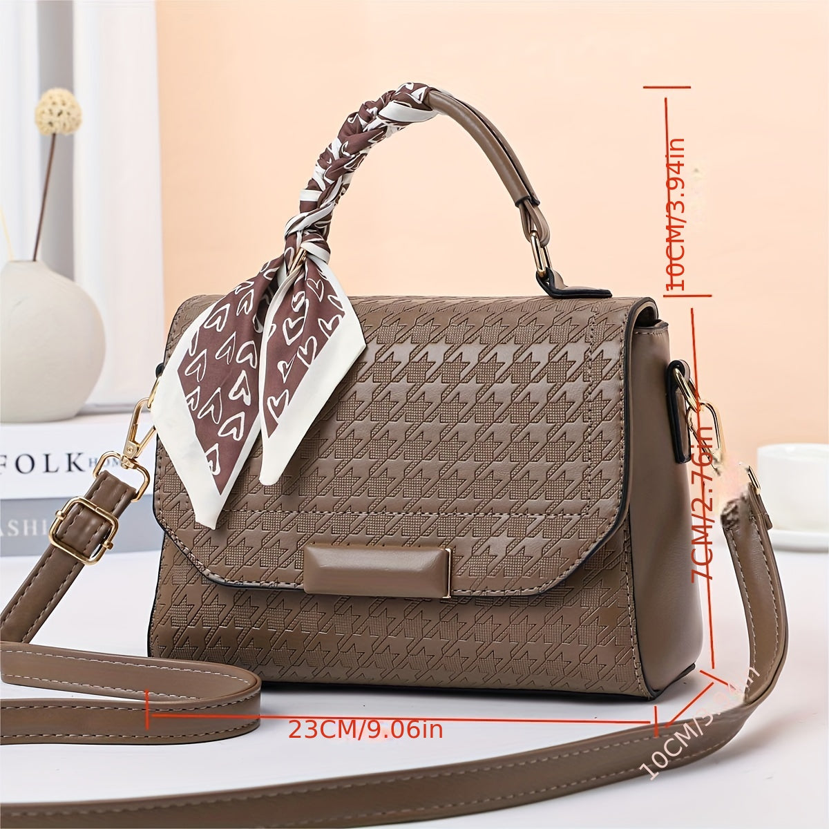 千鳥格子 メッセンジャーバッグ スカーフデザイン PUレザー クロスボディ 万能 通勤用 レディースハンドバッグ