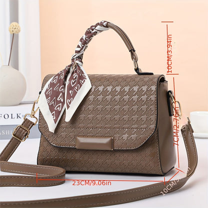 千鳥格子 メッセンジャーバッグ スカーフデザイン PUレザー クロスボディ 万能 通勤用 レディースハンドバッグ