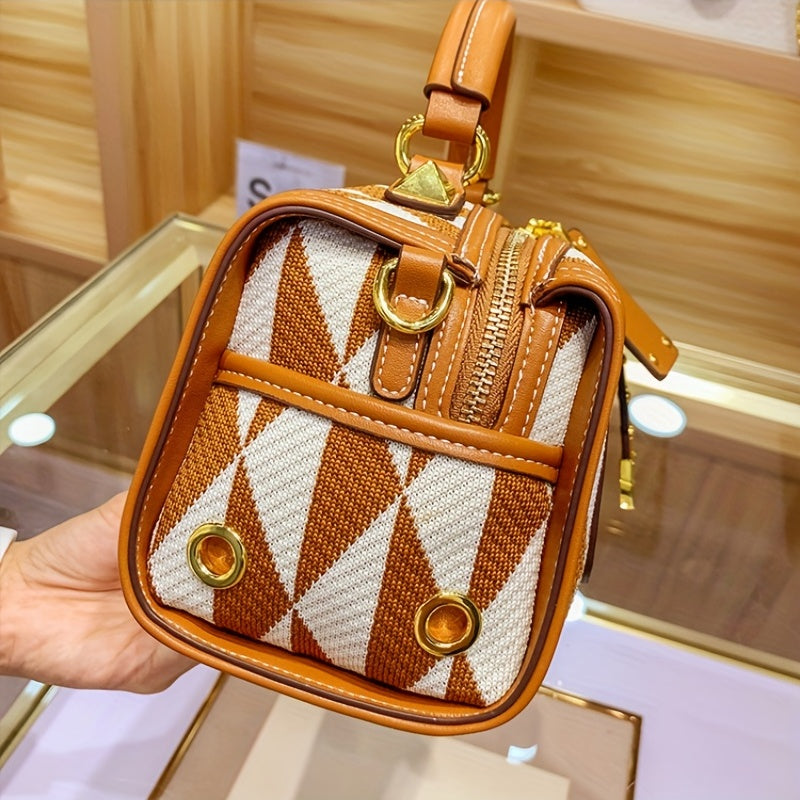 カーキ アーガイル幾何柄 カラーブロック ショルダーバッグ ファスナー付き ポータブルハンドル クロスボディ 大容量 エレガント ハンドバッグ レディース