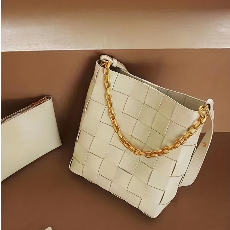 2点セット 編み込みバケットバッグ 大容量 ショルダーバッグ チェーン付き インナーポーチ ハンドバッグ