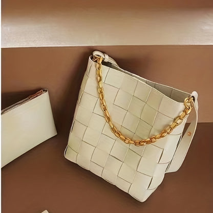 2点セット 編み込みバケットバッグ 大容量 ショルダーバッグ チェーン付き インナーポーチ ハンドバッグ