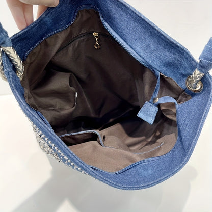 フラワー柄 ラインストーン装飾 ショルダーバッグ スタイリッシュ デニム バッグセット レディース どんなコーデにも合うバッグ
