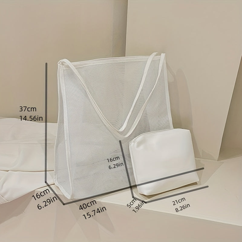 大容量 メッシュ ビーチバッグ 折りたたみ トラベル収納バッグ インナーポーチ付き ポータブルショルダー