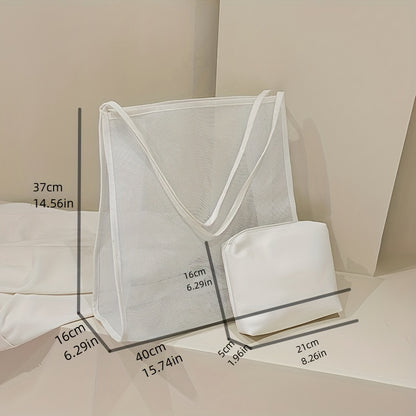 大容量 メッシュ ビーチバッグ 折りたたみ トラベル収納バッグ インナーポーチ付き ポータブルショルダー