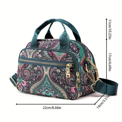 全面ヴィンテージ柄 サッチェルバッグ 軽量 ファスナー収納バッグ 通学にも使える 多用途レディースバッグ