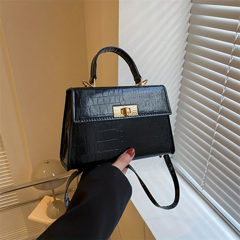 メタリック クロコ型押し ハンドバッグ ターンロック クロスボディバッグ レディース PUレザー フラップデザイン